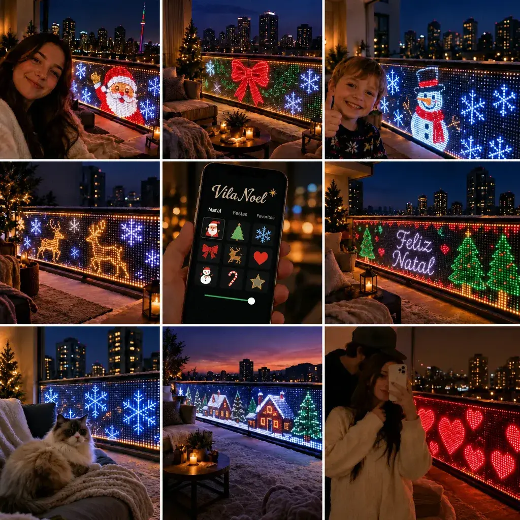 Vários desenhos de Natal em LED na sacada